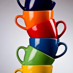 A stack of colorful coffee cups in different colors.
