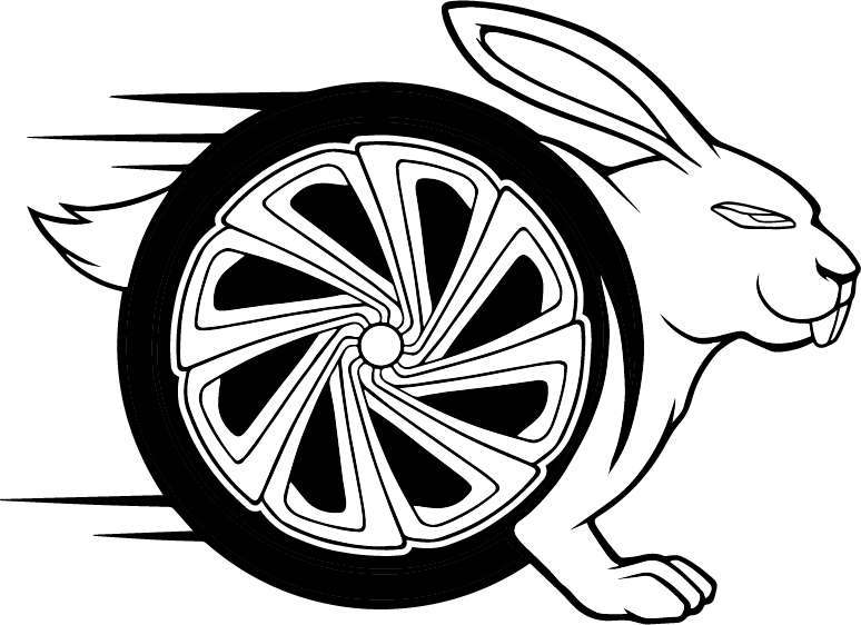 A black and white image of an animal with a wheel in the middle.